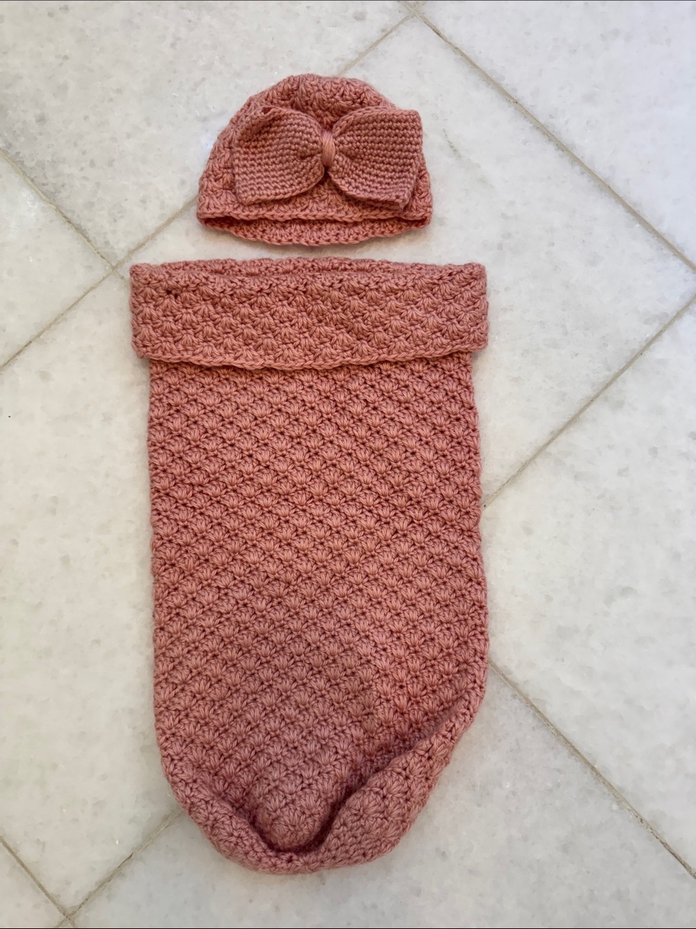 Handmade Crochet Baby Cocoon & Bow Beanie in Dusty Rose